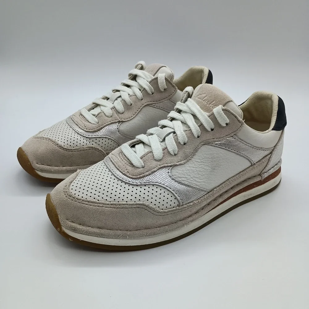 Clarks CraftRun Lace White Leather Suede Metallic‎ Sneakers Womens 7.5